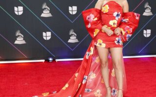 Becky G Dazzles in Red Floral Mini Dress with Long Train at Latin Grammys