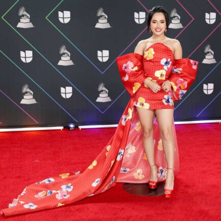 Becky G Dazzles in Red Floral Mini Dress with Long Train at Latin Grammys