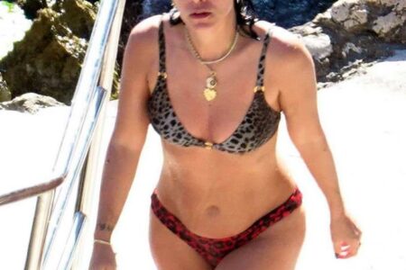 Lily Allen in a Mismatched Bikini at the Beach in Capri