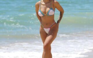 Kayleigh Morris Slips Into a Pink Crochet Bikini at Spanish Beach