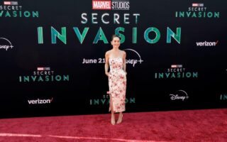 Emilia Clarke in White Floral Dress at Marvel’s Secret Invasion Launch