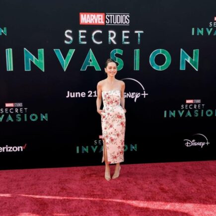 Emilia Clarke in White Floral Dress at Marvel’s Secret Invasion Launch