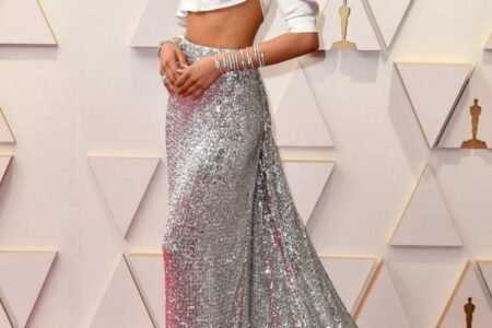 Zendaya Wows in a White Crop Top and Silver Sequin Skirt at the 2022 Oscars