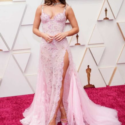 Lily James Looked Spectacular in a Pink Lace Dress at the 2022 Oscars