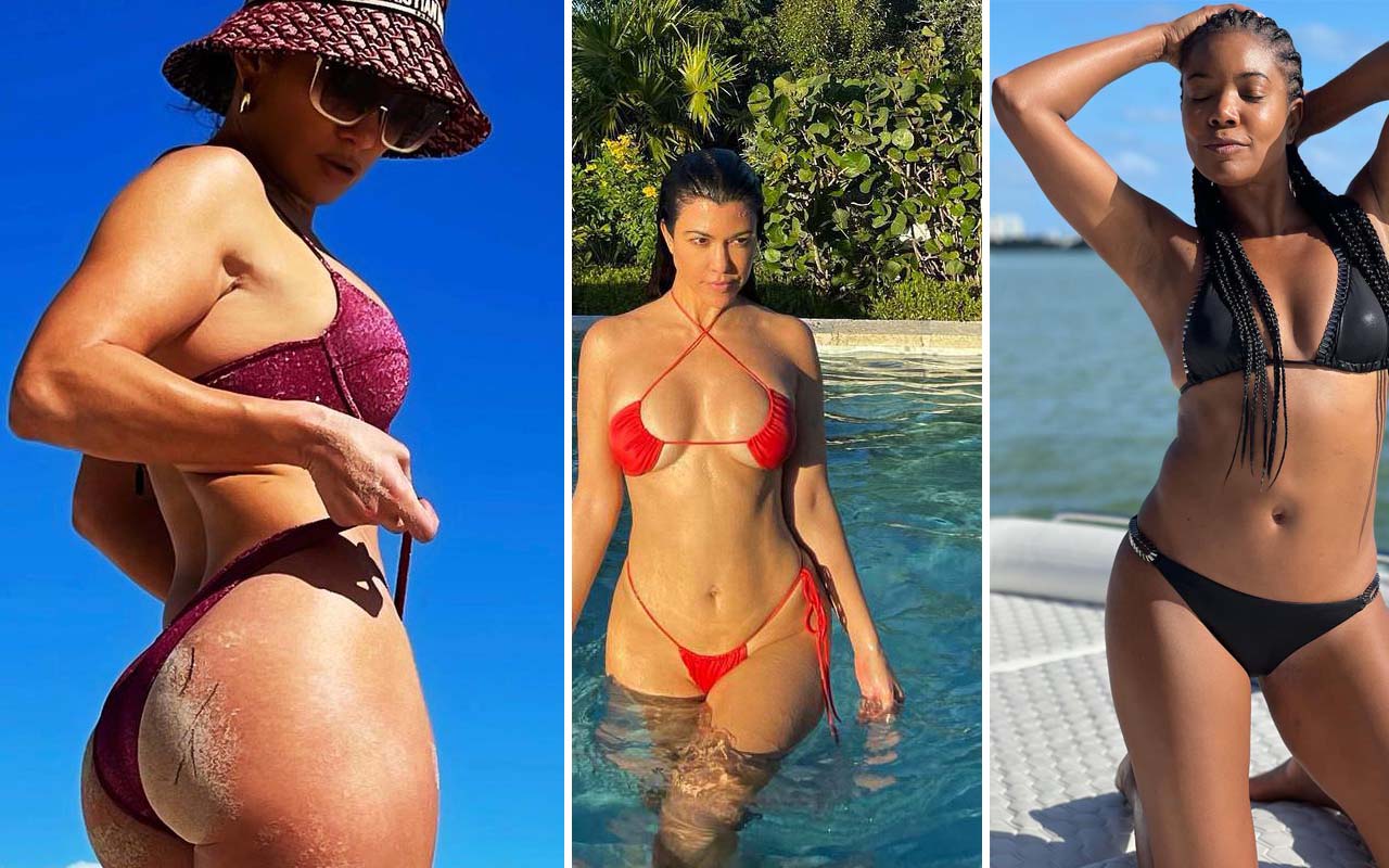 Jennifer Lopez, Kourtney Kardashian and Gabrielle Union pose in bikinis.