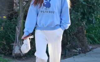 Sophie Turner Gets her Groceries at Gelson’s in a Blue Playboy Sweatshirt
