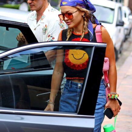 Rita Ora Wears a Crochet Crop Top and Pink Prada Crochet Bag in Sydney