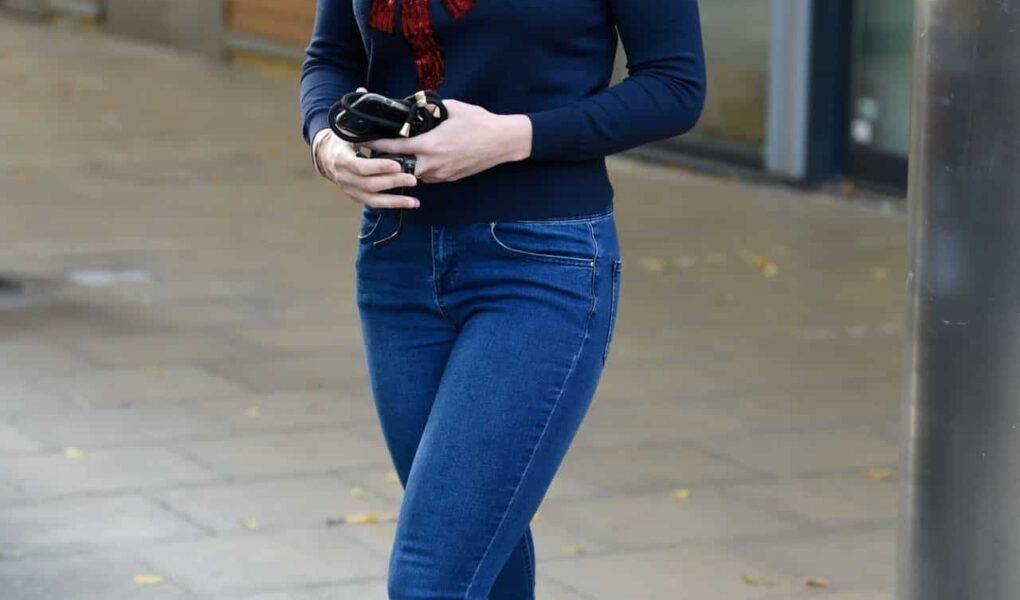Gemma Atkinson Looked Chic in Tight Jeans and a Festive Sweater with a Bow