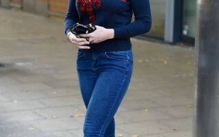Gemma Atkinson Looked Chic in Tight Jeans and a Festive Sweater with a Bow