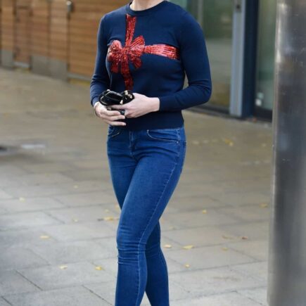 Gemma Atkinson Looked Chic in Tight Jeans and a Festive Sweater with a Bow