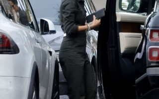 Jordana Brewster Looked Amazing and Chic Once Again in Dark Jumpsuit