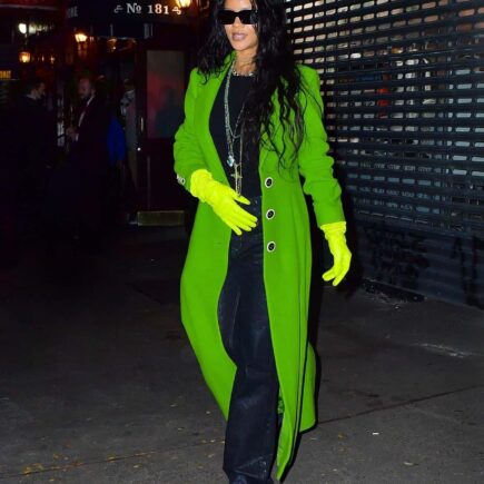 Rihanna Lit Up the Night in her Flashy Green Coat Outside the Restaurant