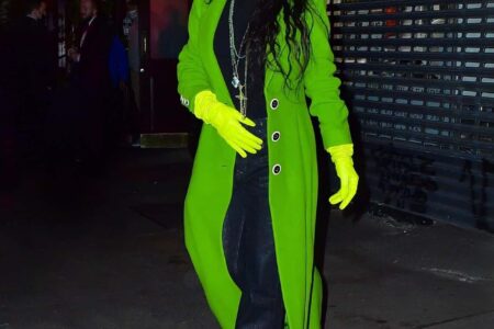 Rihanna Lit Up the Night in her Flashy Green Coat Outside the Restaurant