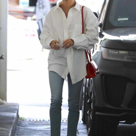 Hailey Rhode Bieber in Balenciaga White Shirt & Khaite Kyle Blue Jeans Visiting a Skincare Clinic