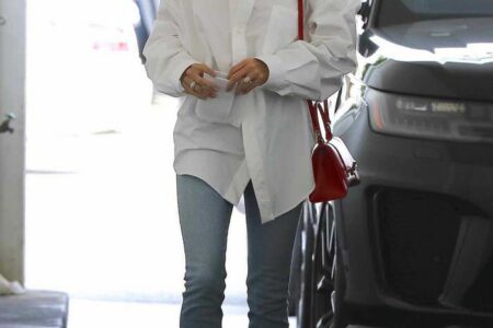 Hailey Rhode Bieber in Balenciaga White Shirt & Khaite Kyle Blue Jeans Visiting a Skincare Clinic