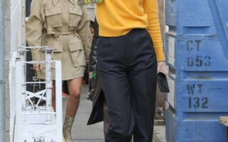 Kendall Jenner in a Black Pants & Yellow Sweater Out in Venice