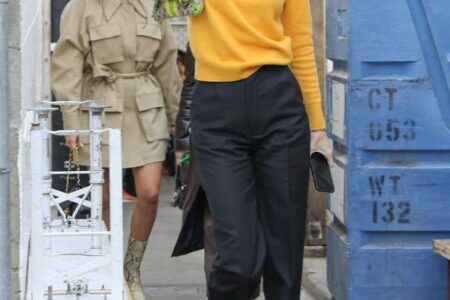 Kendall Jenner in a Black Pants & Yellow Sweater Out in Venice
