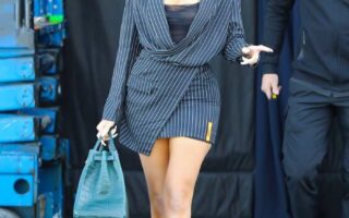 Khloe Kardashian Cute in a Pinstripe Blazer While Filming in Calabasas Studio