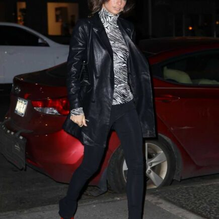 Emily Ratajkowski in Zebra Top With Black Leggings & Red Leather Python Boots in NY