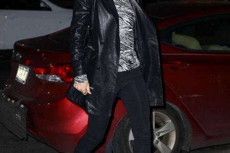 Emily Ratajkowski in Zebra Top With Black Leggings & Red Leather Python Boots in NY
