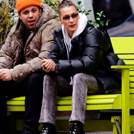 Bella Hadid in Casual Outfit on a Park Bench in New York City with a Friend