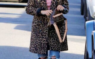 Hilary Duff in Leopard Coat Out for Lunch in Sherman Oaks