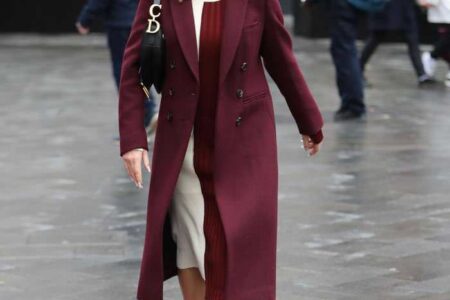 Amanda Holden in Burgundy Coat Leaving Heart Radio Studios in London