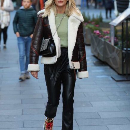 Ashley Roberts Leaving Heart Radio Studio in Wool-lined Jacket