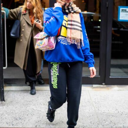 Dua Lipa in Colorful Sweats Exiting Hotel in New York City