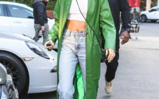 Hailey Rhode Bieber in Green Overcoat Outside South Beverly Grill Restaurant