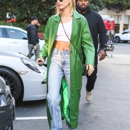 Hailey Rhode Bieber in Green Overcoat Outside South Beverly Grill Restaurant