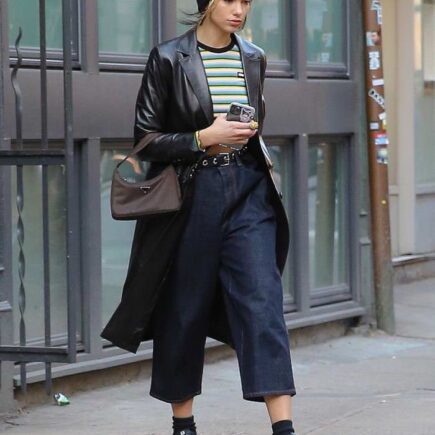 Dua Lipa Casual in Baggy Blue Jeans and Black Beanie Hat in NYC