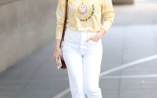 Mollie King Wears Yellow Sweater and White Jeans on her Way to BBC Radio 1