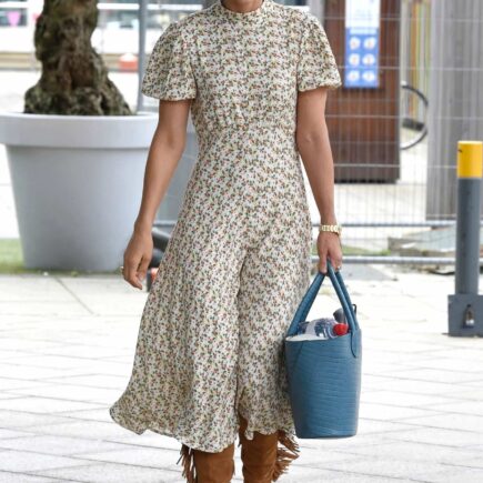 Vogue Williams Steps Out in a Floral Print Dress in Leeds