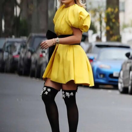 Rita Ora in a Puffy Bright Yellow Mini Dress Out in London
