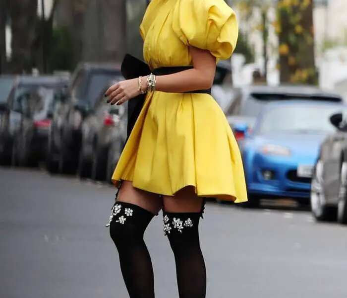 Rita Ora in a Puffy Bright Yellow Mini Dress Out in London
