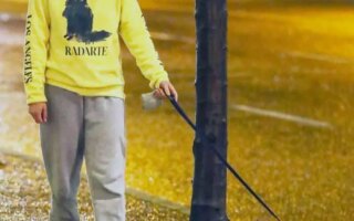 Lili Reinhart in the Yellow Sweatshirt as She Takes her Dog Out for an Evening Stroll