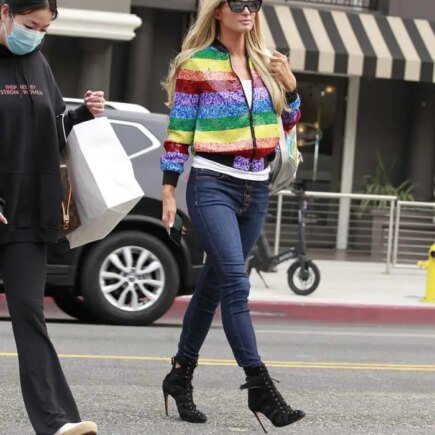 Paris Hilton Rocks a Rainbow Jacket while Shopping in Beverly Hills