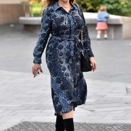 Kelly Brook Looked Effortlessly Chic in a Blue Snakeskin Print Midi Dress