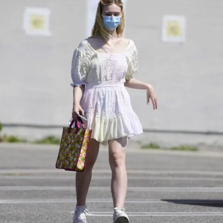 Elle Fanning Looking Cute in a Frilly Pastel Dress During a Grocery Run