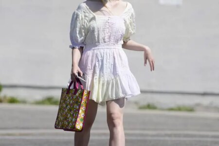 Elle Fanning Looking Cute in a Frilly Pastel Dress During a Grocery Run