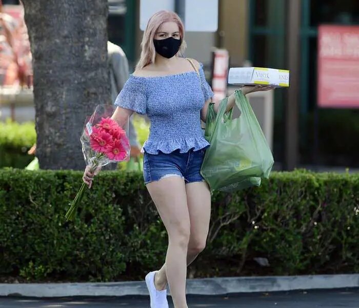 Ariel Winter Shows Off her New Pinkish Hair While Carrying a Cake and Flowers