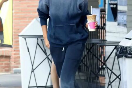 Eiza González Run Out in Baggy Blue Bleached Sweats for Coffee in LA