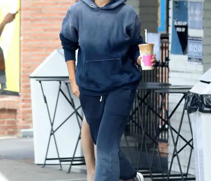 Eiza González Run Out in Baggy Blue Bleached Sweats for Coffee in LA