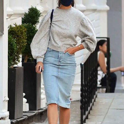 Katie Holmes Sported a Chic Denim Skirt and a Gray Sweater in NYC