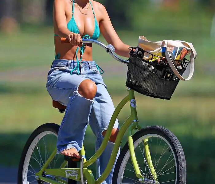 Emily Ratajkowski Bike Riding in a Skimpy Bikini Top