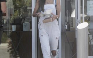 Jordana Brewster Does a Coffee Run in Distressed White Overalls
