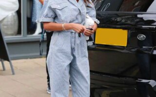 Michelle Keegan Looks Chic in a Pinstriped Jumpsuit