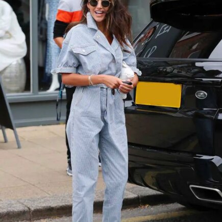 Michelle Keegan Looks Chic in a Pinstriped Jumpsuit