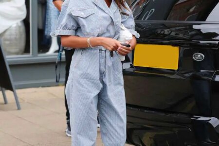 Michelle Keegan Looks Chic in a Pinstriped Jumpsuit